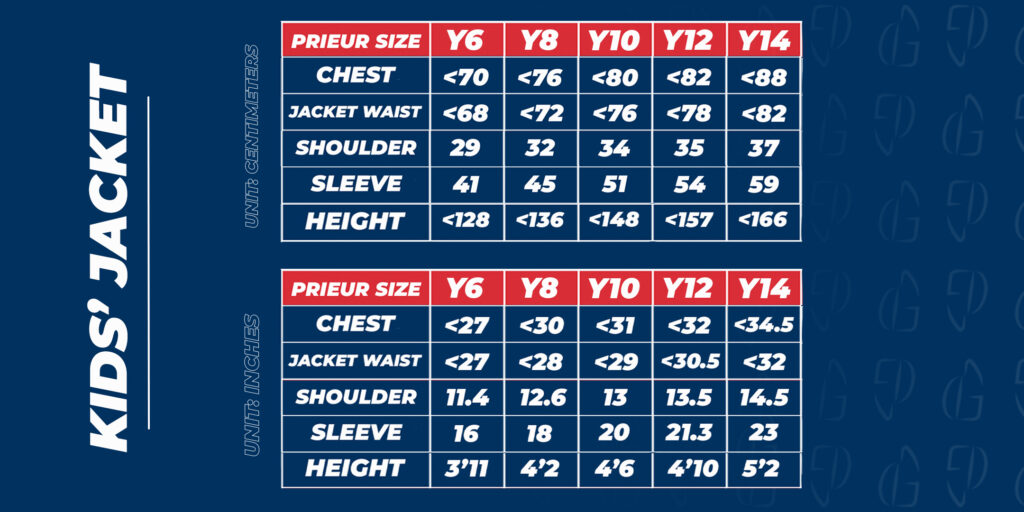 A size guide for children's fencing jackets